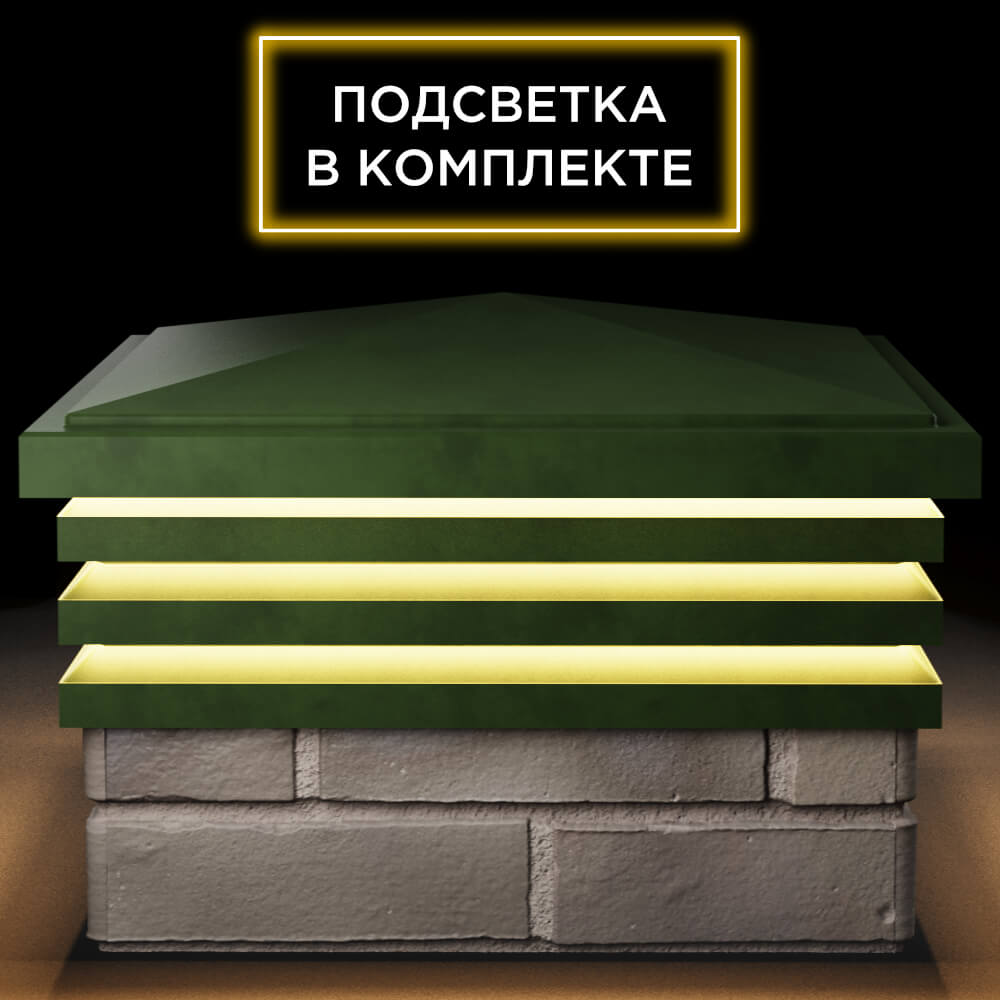 Колпак Zking Бона ХайТек Зеленый на столб 1.5х1.5 кирпича (385х385мм) с подсветкой Шахты фото
