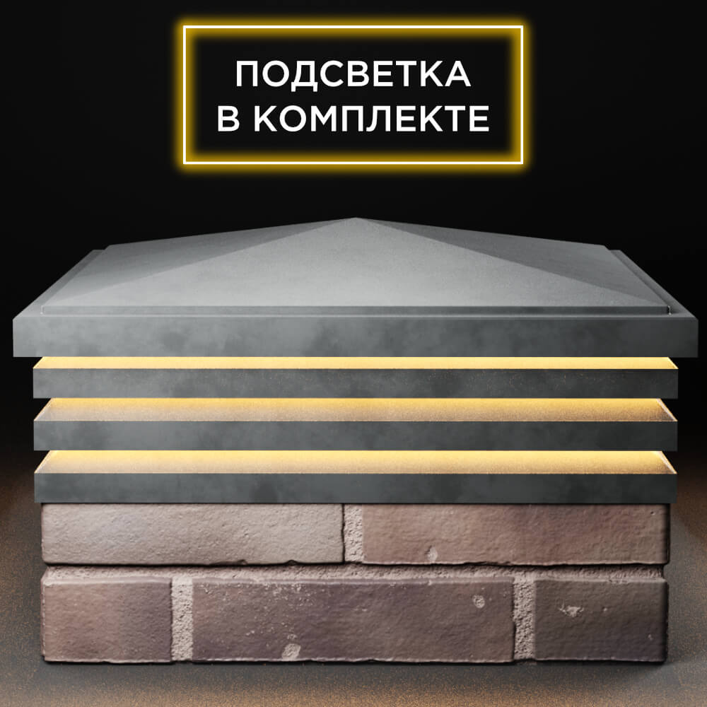 Колпак Zking Бона ХайТек Серый на столб 2х2 кирпича (513х513мм) с подсветкой Шахты фото