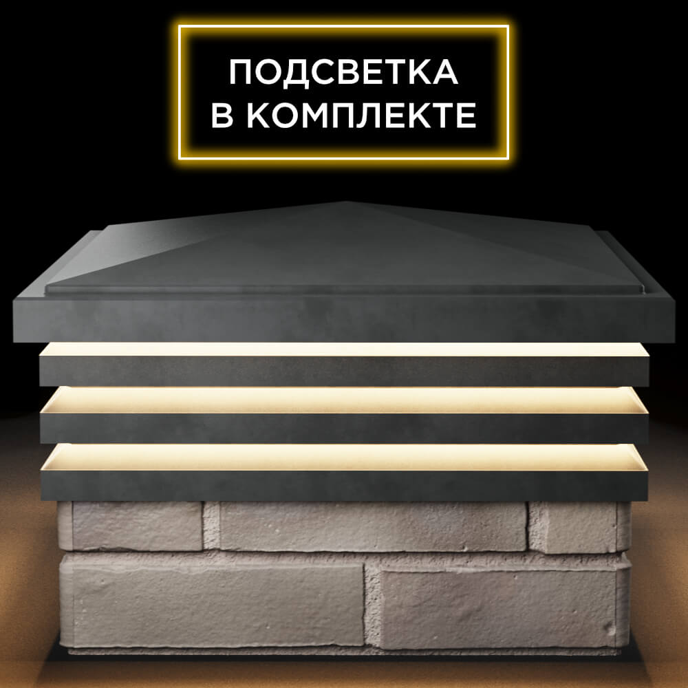 Колпак Zking Бона ХайТек Серый на столб 1.5х1.5 кирпича (385х385мм) с подсветкой Шахты фото